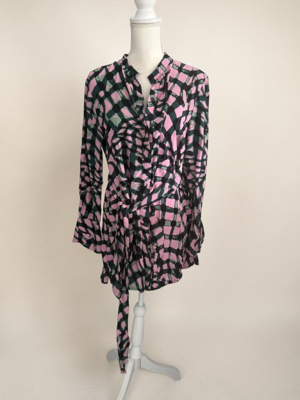 DIANE VON FURSTENBERG Pink Green Belted Silk Dress Size Large